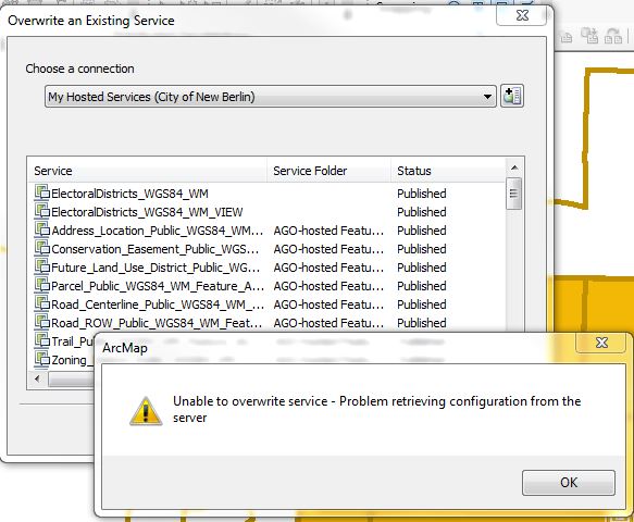 Unable to overwrite service - problem retrieving configuration from the server
